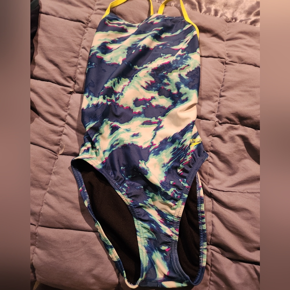 Speedo Blue and Yellow Swirl One Piece Swimsuit Size 30